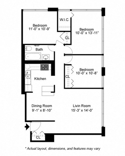 Floor plan for 3 beds, 1 bath, 967 sqft